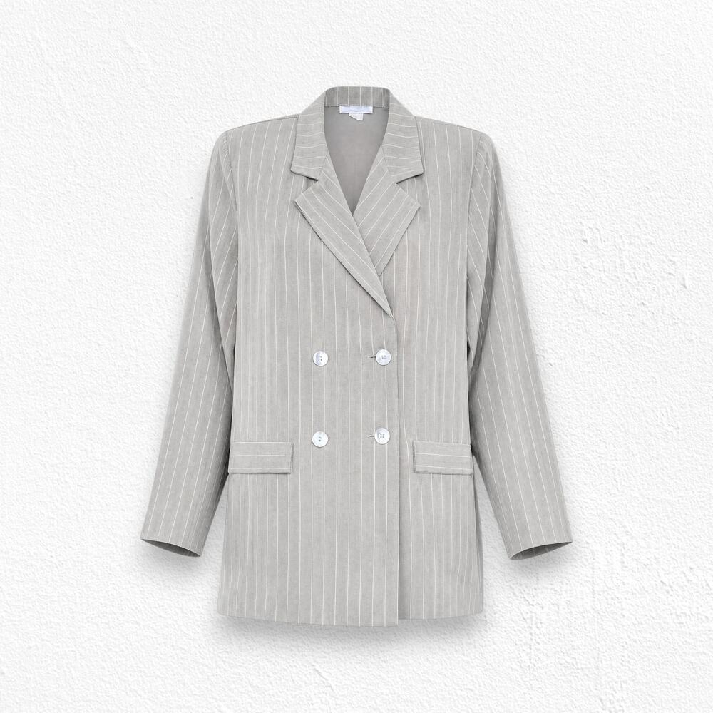 Vintage 80s Womens Beige Pinstripe Power Blazer Size 12